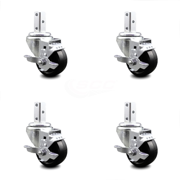 3 Inch Soft Rubber Wheel Swivel 3/4 Inch Square Stem Caster Set with Brake SCC